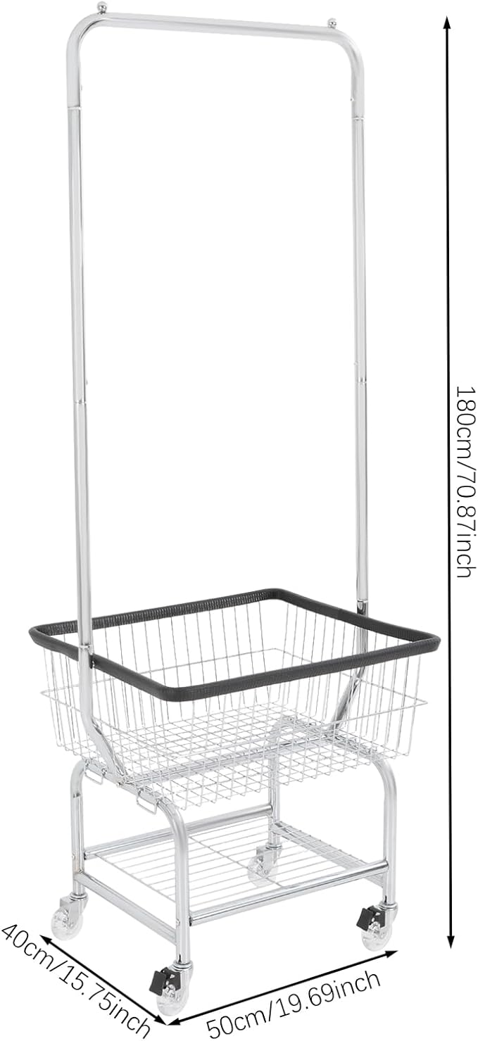 Laundry Cart,Steel Wire Laundry Cart,Laundry Basket With Wheels,Commercial Laundry Basket Cart Heavy Duty with Rod Rack 19.69x15.75x70.87in (E)