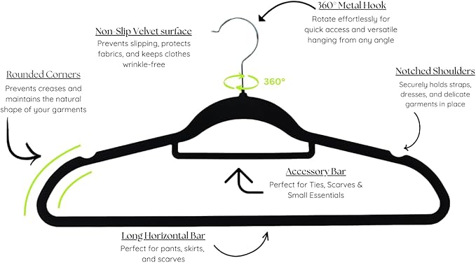 Premium Velvet Hangers 50 Pack, Non-Slip, Space-Saving, Heavy Duty for Coats, Pants, Dresses, 360 Swivel Hook, Heavy-Duty Clothes Hanger - Black
