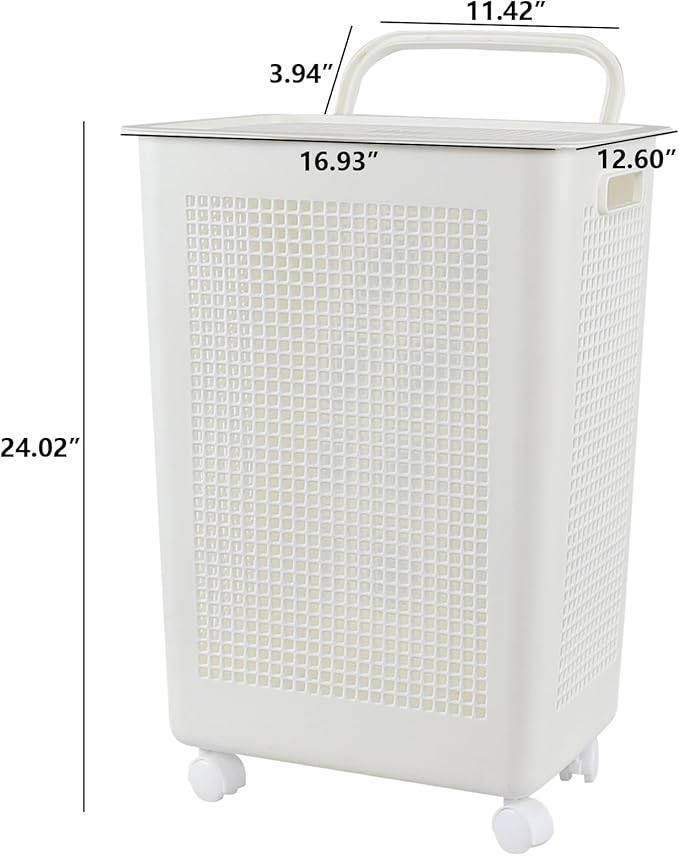 4 Packs 65 L Laundry Hamper with Lockable Wheels, 1.8 Bushels Large Plastic Laundry Basket with Lid, White