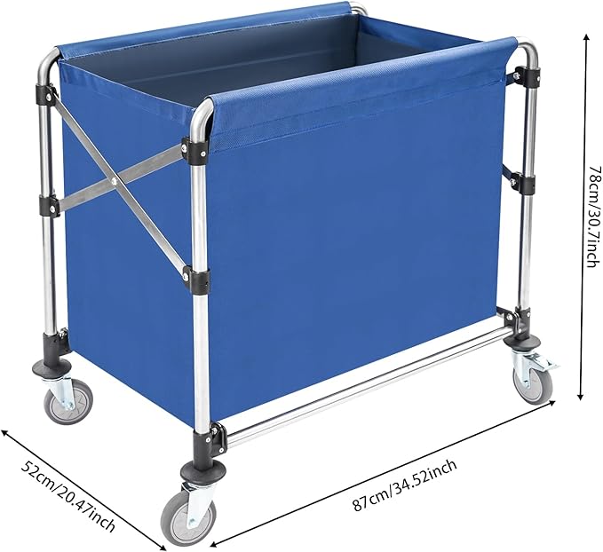 Commercial Laundry Cart with Wheels, 440lbs Rolling Laundry Basket, Heavy Duty Folding Laundry Cart with Oxford Cloth Hamper, 34.25 * 20.47 * 30.7in for Home, Dorm, Hotel, and Commercial Use (Blue)