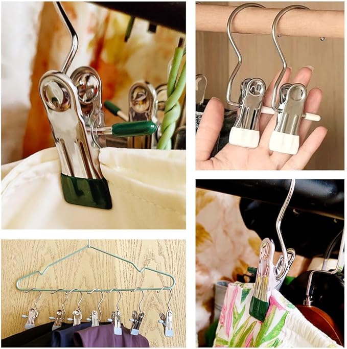 10/30/50 PCS Space-Saving Clothespin Hat Pants Storage Hanging Travel Hook, 360° Rotating Stainless Steel Metal Hanging Hook Clips, Hanger Clips Towel Clips Boot Hangers for Closet (White, 10 PCS)