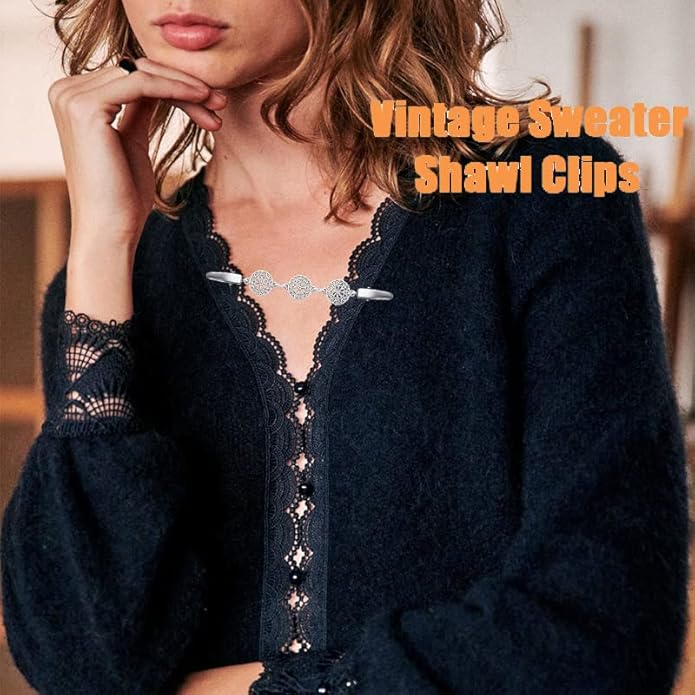 Vintage Sweater Clips Shawl Dresses Shirt Clips Retro Cardigan Collar Chain Clips Brooch Pins for Women