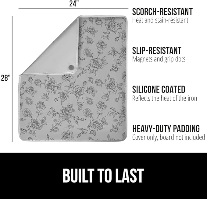 GORILLA GRIP Ironing Mat, Portable Iron Pad, Magnetic Cover for Top of Laundry Washer, Dryer, Tabletop, Countertop Padded Blanket, Silicone Coating and Scorch Resistant, Travel Size 28x24, Gray Floral