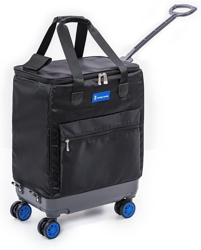 Handy Sandy All-Purpose Roller Bag – Foldable Top-Opening Tote on Wheels with Zipper Closure, 8 Spinner Wheels, Lightweight – Travel, Groceries, Laundry, Work, Everyday Hauling - Patent - Blue