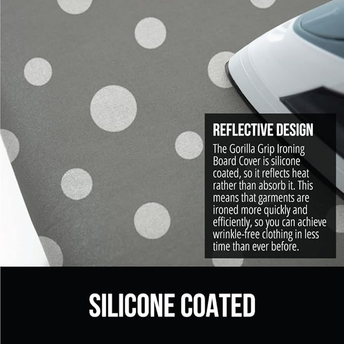 GORILLA GRIP The Original Ironing Board Cover and Pad, Silicone Coating, Thick Scorch Resistant Padding, Heavy Duty Iron Covers Standard Boards, Hook and Loop Fastener Strap, Dots, 15x54