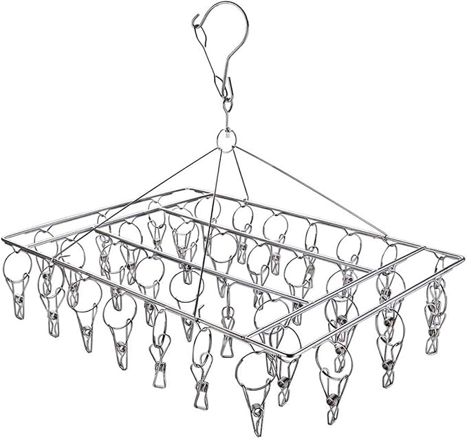 Clothes Sock Drying Rack with 36 Clips, Stainless Steel Underwear Dryer Swivel Laundry Hanger with Windproof Hook for Hanging Towels Bras Gloves Baby Clothes Indoor Outdoor
