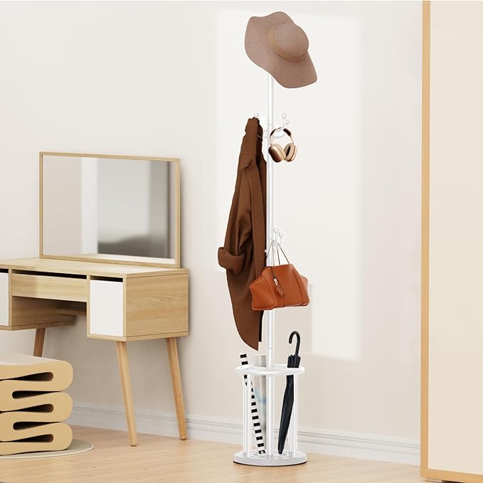 Coat Rack Freestanding, Coat Rack Stand with Umbrella Holder, Coat Tree, Coat Hanger Stand with 12 Hooks for Clothes Bag Hats, Used in Bedroom, Office, Living Room and Entryway-White