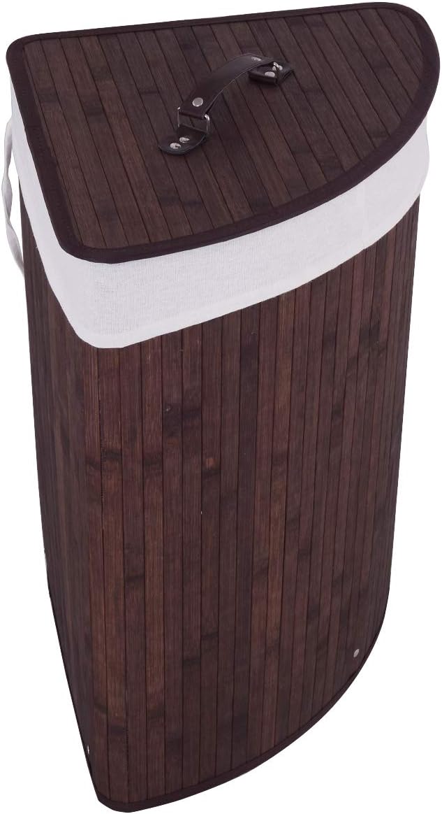 GOFLAME Corner Bamboo Laundry Hamper with Lid and Removable Liner, Washing Clothes Basket Storage Bin with Handle, Suitable for Bedroom, Bathroom, Laundry (Brown)