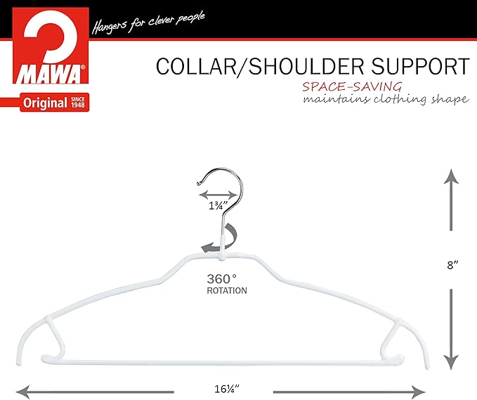 Mawa by Reston Lloyd Silhouette Ultra-Thin Series, Non-Slip Space Saving Shirt Hanger with Pant Bar & Skirt Hooks, Style 42/FTU, Pack of 2, White