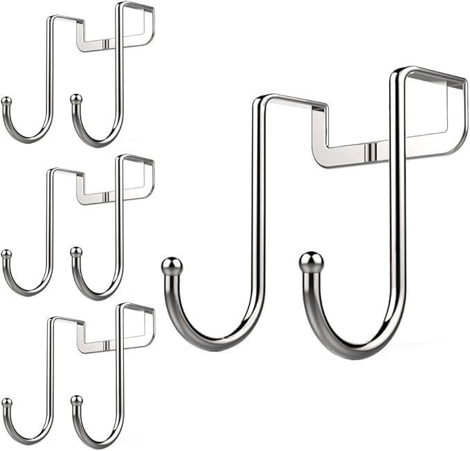 Poeland Over Cabinet Drawer Double Hooks 304 Stainless Steel Narrow Door Hook for Kitchen, Bathroom, Drawer, Wardrobe Door, Cabinet Door, Office Cubicle Partition Hook Pack of 4