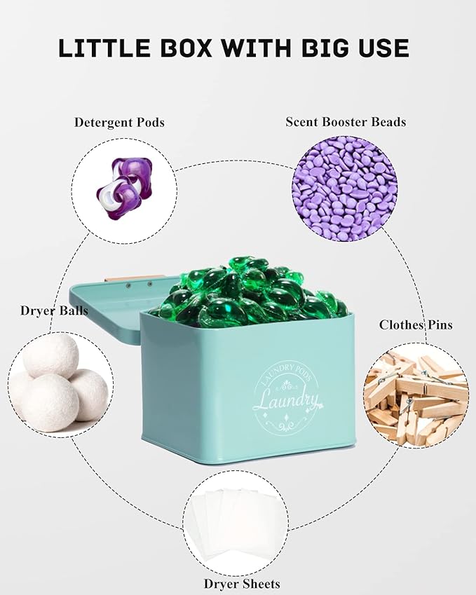 Laundry Pods Holder with Hinged Lid, Farmhouse Space-Saving Metal Container for Laundry Room Decor Organization and Storage, Detergent Dispenser for Efficient Laundry Room Use (Green)