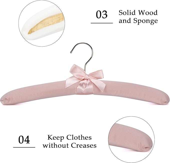 NEOVIVA 15 Inch Anti Slip Satin Padded Clothes Hangers for Women Pink Satin Padded Hangers for Women Clothing, No Shoulder Bump for Adult, Silk Hangers for Sweaters, Dresses, Suits (Pack of 5)