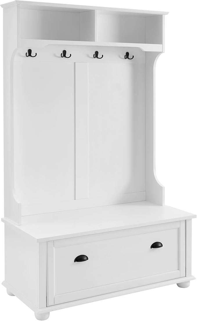 4-in-1 Design Hall Tree Coat Hanger with 4 Hooks and with Two Top Open Storage Shelves, Wood Entryway Coat Rack with Storage Bench for Entrance Hallway (White-3)