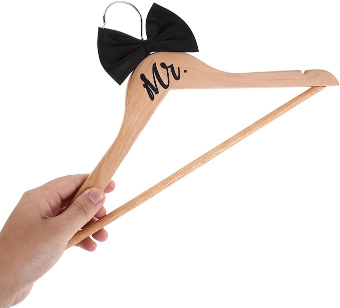 ABOOFAN Bride and Groom Hangers Set 2Pcs Wooden Wedding Dress Hanger with Bow Tie for Tuxedo Suit Bridal Party Shower Keepsake