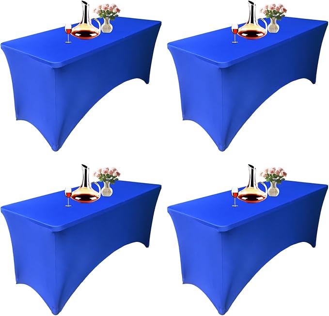 4 Pack - Elegant Blue Stretch Spandex Table Cover (48Lx24Wx30H Inches), Non-Iron Fitted Tablecloth for 4-Foot Rectangular Folding Tables -Ideal for Banquets, Weddings & Festivals