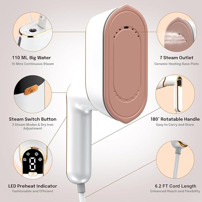 Travel Steamer, 1300W Portable Steamer for Clothes, Quick Heat Plancha a Vapor Para Ropa, 180° Rotating Handle & Ceramic Panel, 2-IN-1 Mini Iron With LCD for Home & Travel Use