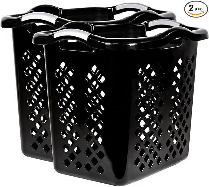 2-Pack 2 Bushel Plastic Laundry Basket with Silver Handles, Space-Saving Dirty Clothes Organizer for Home Apartment Dorm (Black)