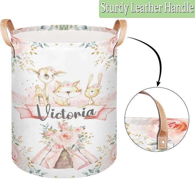 Personalized Laundry Basket, Custom Gift Laundry Hamper, Collapsible Nursery Waterproof Laundry Baskets, Dirty Clothes Toy Hamper with Handles Boho Woodland Animals
