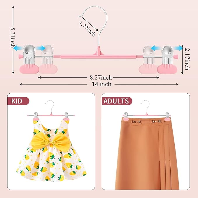 14Inch Clothes Pants Hangers with Wide Clips 20 Pack,Non-Slip Adjustable Skirt Hanger for Women,Space-Saving Heavy Duty Men Hangers for Pants,Trousers,Jeans,Shorts,Pink