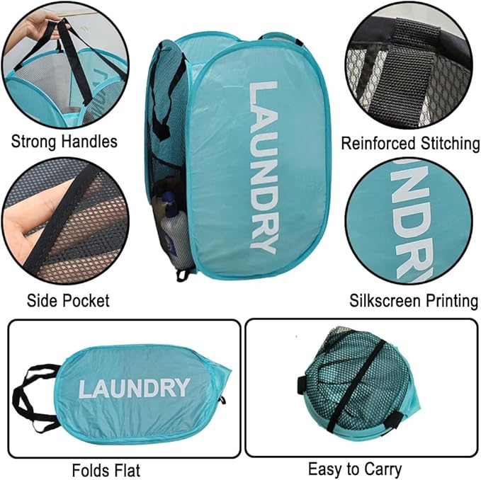 Mesh Popup Laundry Baskets, Collapsible Laundry Hampers, 2 Pack Clothes Hampers Storage Basket for Home, Bathroom, College Dorm, RV Cruise, Travel (Pink + Blue)