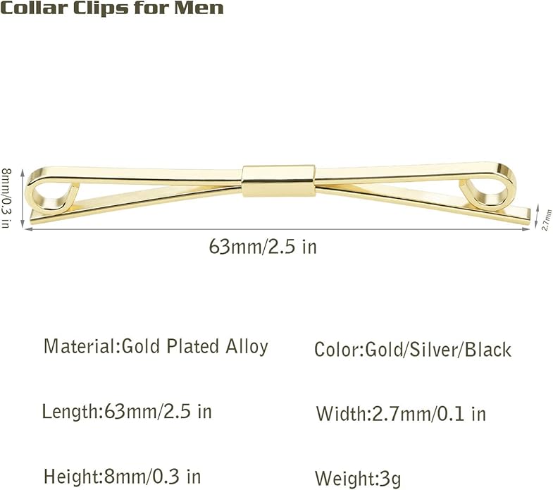 3PCS Shirt Collar Clips Necktie Tie Clips Clip-on Collar Bars Gold Silver Black Metal Cravat Clips Collar Pin Accessories for Men