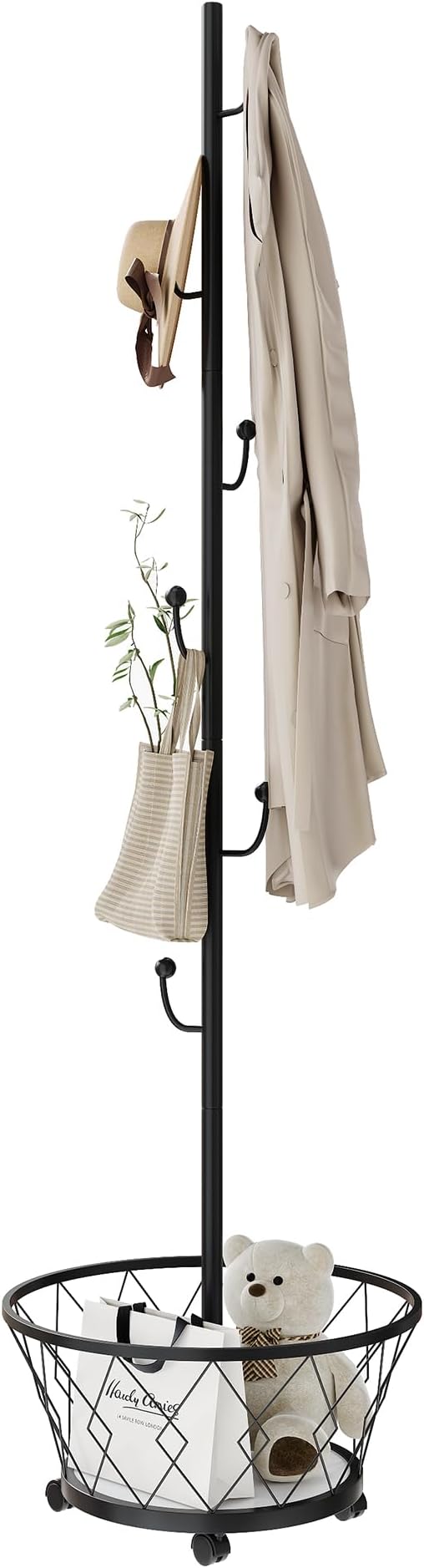 Black Cactus shaped Coat Rack Hanger Freestanding, Metal Clothes Rack with Basket 6 Hooks to Hang Clothes, Hat, Bag for Entryway, Hallway, Bedroom