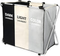 135L Laundry Cloth Hamper Sorter Basket Bin Foldable 3 Sections with Aluminum Frame 26''×24''H Washing Storage Dirty Clothes Bag for Bathroom Bedroom Home Storage Basket (Black+light grey+dark grey, 3