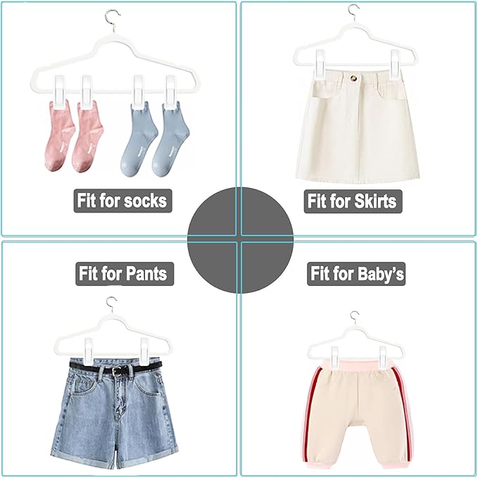 Hanger Clips for Velvet Hangers (White, 40 PCS), Non-Slip Plastic Clips Pant Skirt Hanger Socks Clips for Flocking Hangers
