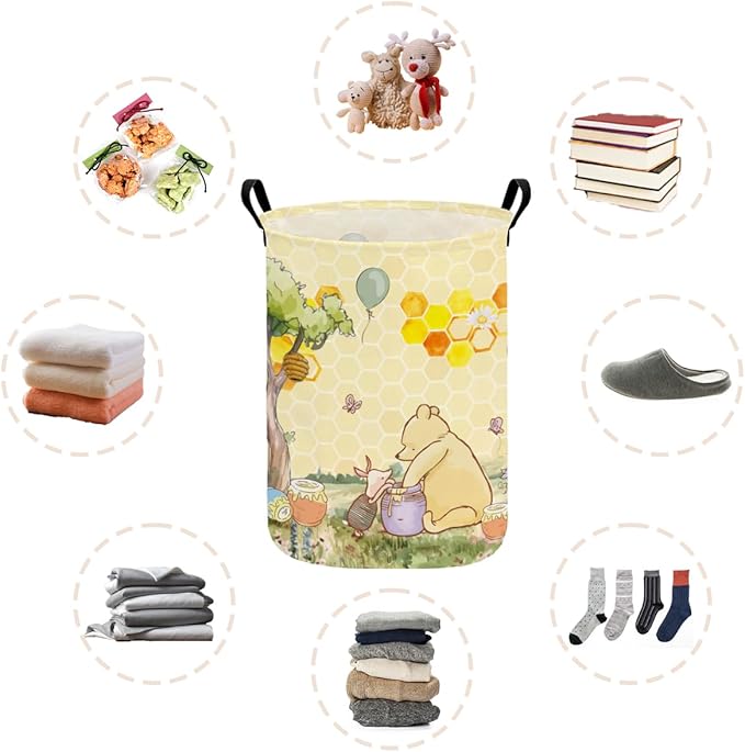 Greatingreat Winnie Foldable Laundry Hamper, Circular Canvas Storage Basket with PE Coating, Collapsible Clothes Organizer for Home, Nursery, and Bedroom (Yellow)