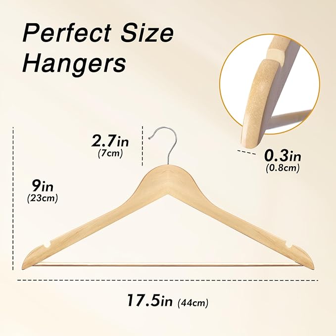 HOUSE DAY Slim Wooden Hangers 20 Pack, Solid Wood Hanger with Non Slip Shoulder Notches & Pant Bar, Smooth Finish Wood Clothes Hangers for Shirts, Suits, Jackets, Natural