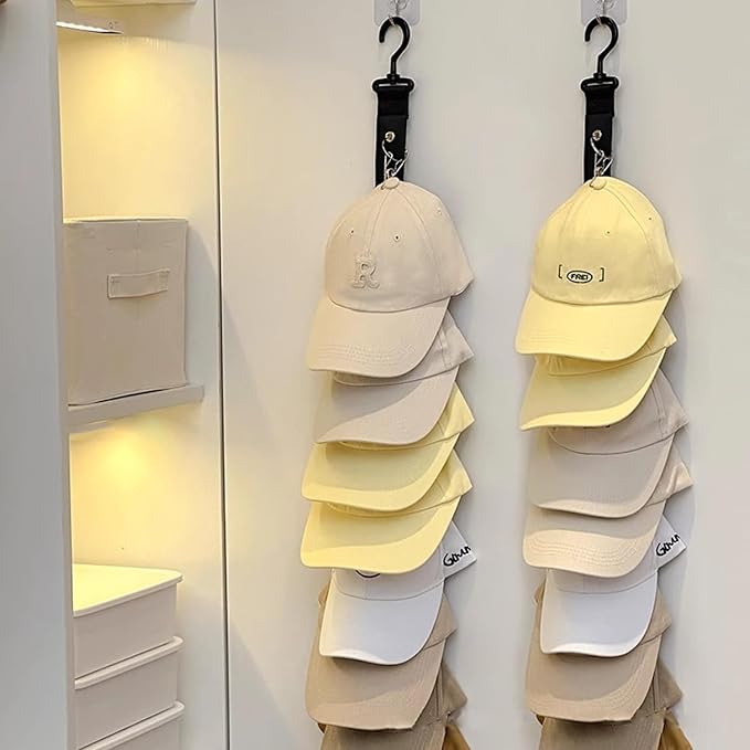 Resdenio 2 Pack Hat Organizer for Baseball Caps, Hat Hanger Storage Hat Racks with Adhesive Hook, 2 Straps Wall Mounted Hat Clip Hold up to 16 Hats for Room Closet Display (Black)