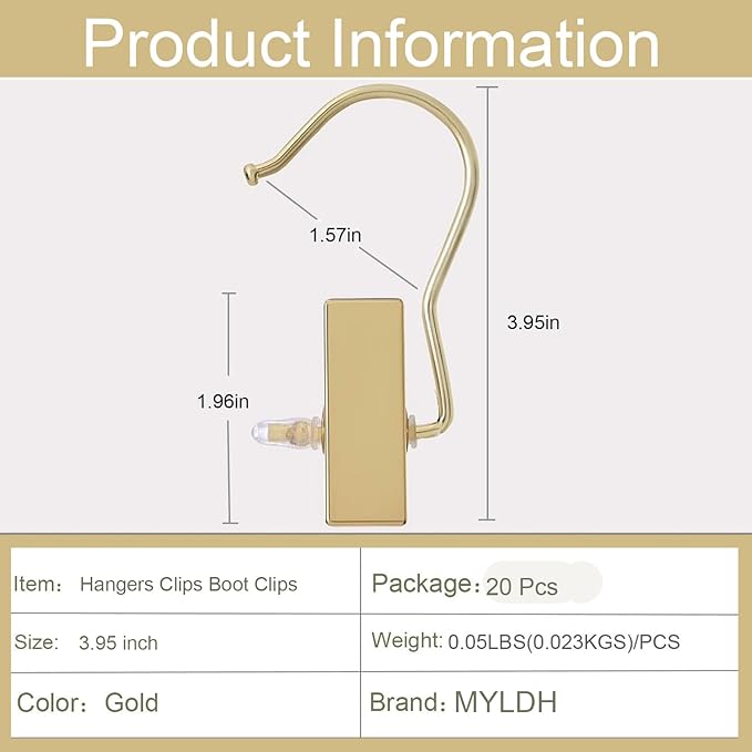 20 Pcs Gold Boot Clips for Closet, Gold Boot Hangers with Hooks, Clothes Pins, Single Clip Hangers, Portable Home Travel Hangers for Hats, Socks, Towels, Bras