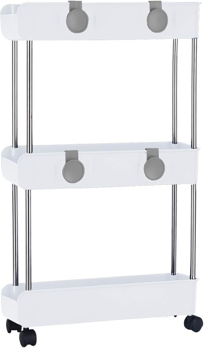 3-Tier Slim Mobile Shelving Unit on Wheels, Slide Out Rolling Bathroom Storage Organizer, Utility Carts Shelf Rack for Kitchen Bathroom Laundry Room Narrow Places, White