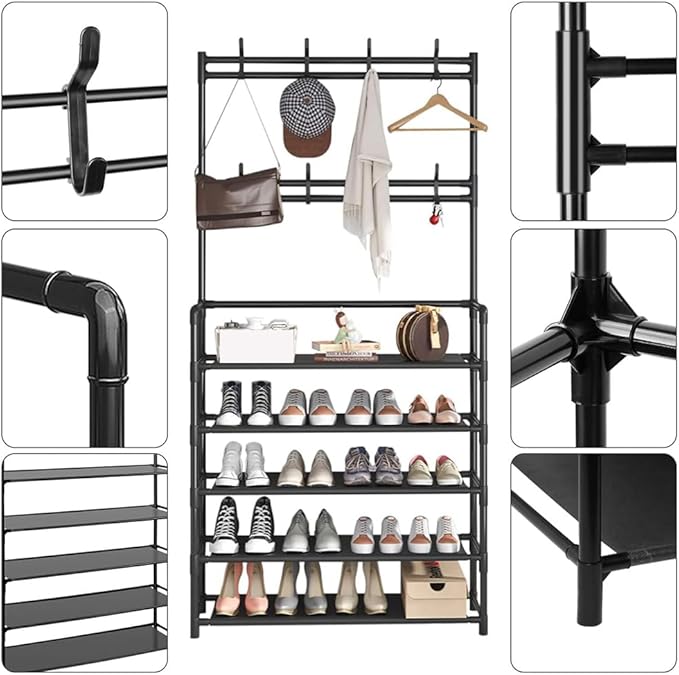 5 Tiers Shoe Rack Coat Rack, Entryway Bench Storage Organizer Multi-Functional Freestanding Shoe Shelf Coat Storage Organizer with 8 Hooks Hat Rack for Entryway Home Door Hallway
