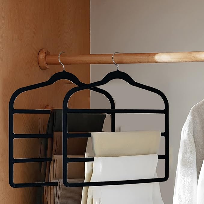 Velvet Pants Hangers Space Saving Hangers Closet Organizer for Jeans Slack Trousers Scarf Tie Pants Rack Leggings Hanger Non-Slip Hangers Multiple Clothes Holder (Black, 3)