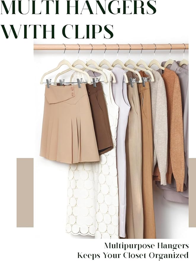 Cozymood Velvet Skirt Hangers 72 Packs Ultra Thin Velvet Hanger with Clips Non Slip Pant Hangers Space Saving Clothes Hangers, Clip Hanger for Pants, Skirts, Jeans, Shorts (Beige)
