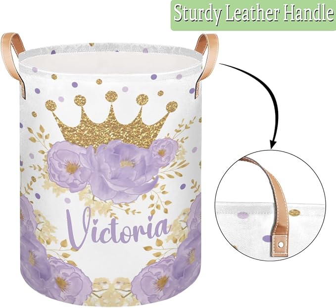 Personalized Laundry Basket, Custom Gift Laundry Hamper, Collapsible Nursery Waterproof Laundry Baskets, Dirty Clothes Toy Hamper with Handles Floral Gold Crown Princess