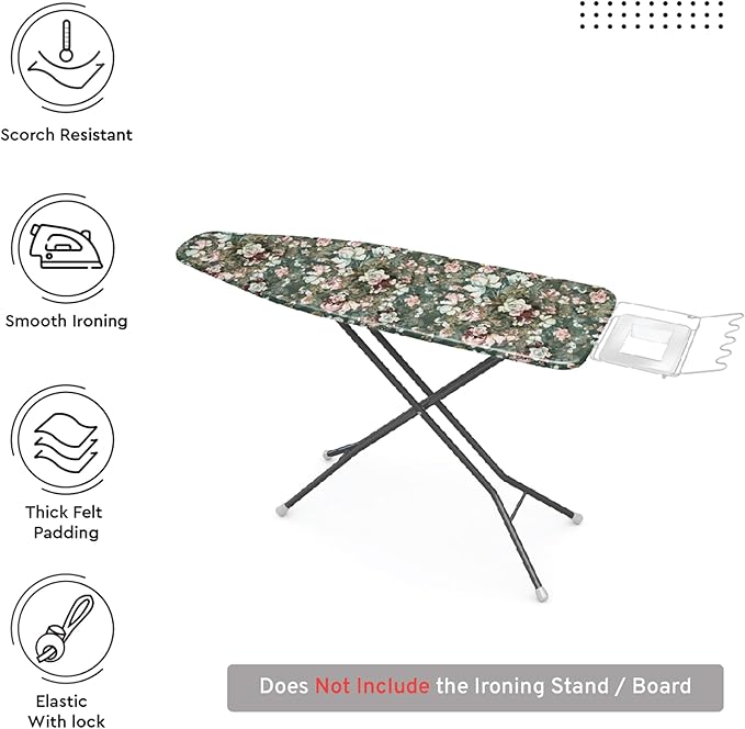 Encasa XO Ironing Board Cover and Pad - Thick 4mm Felt, Heat & Scorch-Resistant, Fits Standard Large Boards 54"x15", Elastic Bungee Cord Tightening, Easy Fit, Stain-Safe Dye, Green Roses