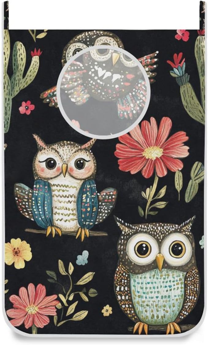 Black Owls Cactus Butterfly Hanging Laundry Hamper Door Hampers Bag Basket with Stainless Steel Hooks Oxford Fabric Printing Decorative Clothes Bags 29.5X20inch 1Pack