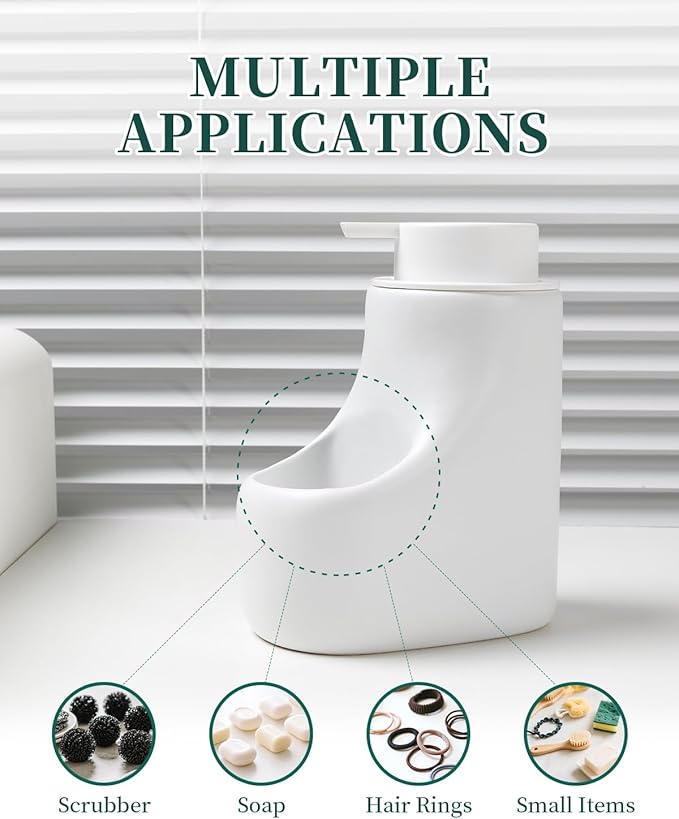 Ceramic Lotion Dispenser - 12 oz Bathroom Hand Pump Dispenser Hand Dish Soap Dispenser Bottles Black Pump Dish Liquid Dispenser for Kitchen… (Ceramic, White Foam Dispenser with Sponge)