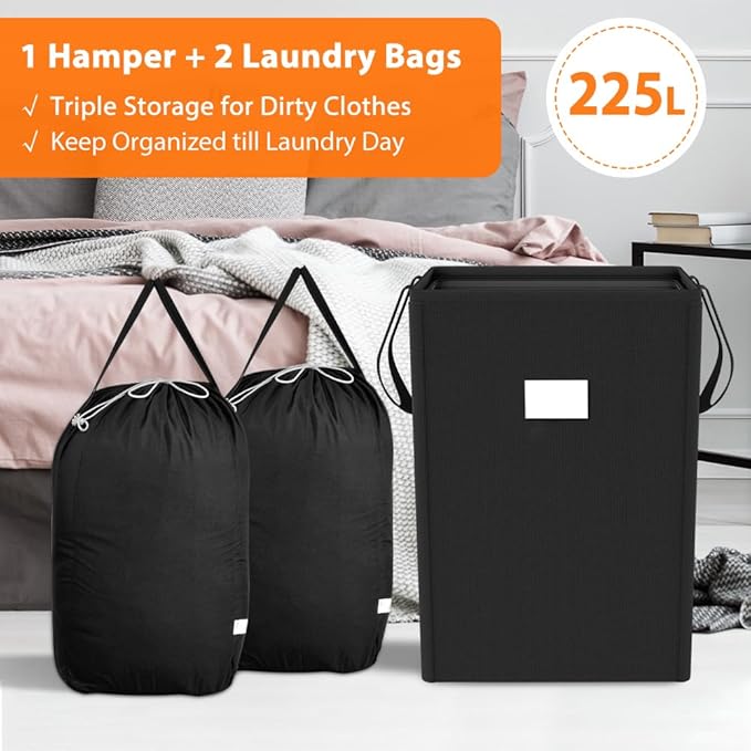 MCleanPin 225L Laundry Hamper Collapsible Laundry Basket with Laundry Bags, Dirty Clothes Hamper,Laundry Basket with Handles Foldable Hamper Dorm and College Machine Washable Bags (Classic Black)