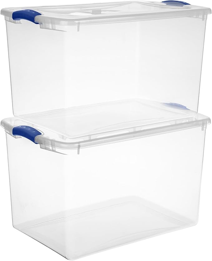 66 Quart Large Clear Plastic Storage Bin – Airtight Latch Lid Container with Blue Handles, Stackable & Durable for Closets, Garages, Dorm Rooms & Basements (Fits Bedding/Seasonal Clothes)