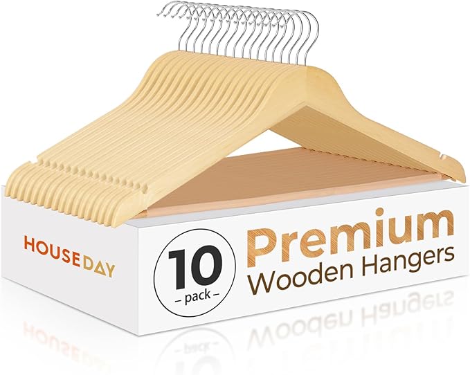 HOUSE DAY Premium Wooden Coat Hangers 10 Pack, Heavy Duty Solid Wood Clothes Hangers with 360° Swivel Hook & Pant Bar for Jackets, Dress, Shirts, Natural Wood Suit Hanger for Closet Organizer