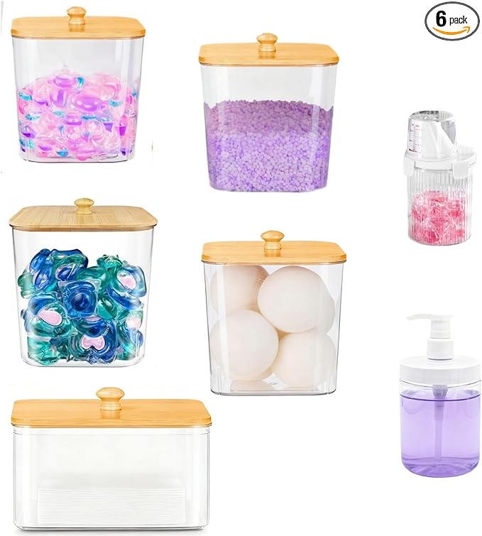 4+2-Piece Laundry Storage box: Includes transparent laundry pod storage box (with wooden lid and label) and liquid detergent container. Suitable for fabric softener, powder detergent, and laundry pods