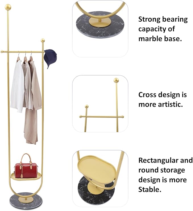 DYRABREST Modern Garment Rack With Clapboard and Clothing Rack With Marble Base Gold Clothing Coat Rack Freestanding for Home Bedroom(Gold Black)