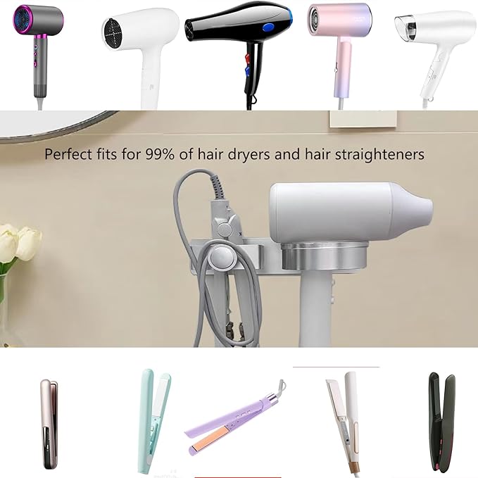 Hair Dryer Holder, Wall Mounted Stainless Steel Blow Dryer Holder & Hair Straightener Holder for Flat Iron,Curling Iron,Hairdryer