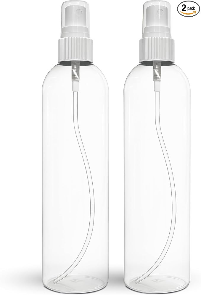 BRIGHTFROM Fine Mist Spray Bottles 8 OZ, Empty Refillable Containers - Essential Oils, Disinfectant Spray, Water 2 PACK (Clear, White Mist)