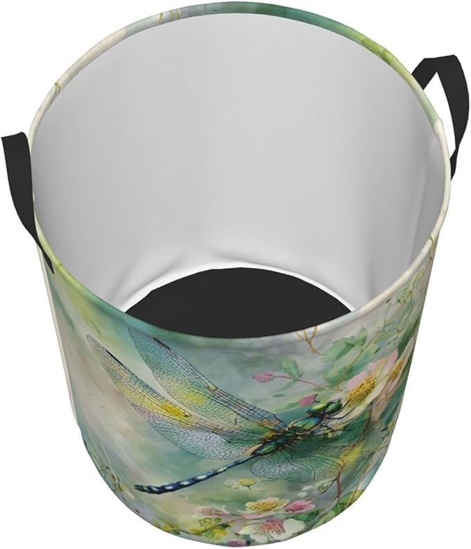Dragonfly Floral Pattern Laundry Hamper, Collapsible Storage Basket with Handles for Clothes, Bedroom, Bathroom 19.6 x15.7 Inch