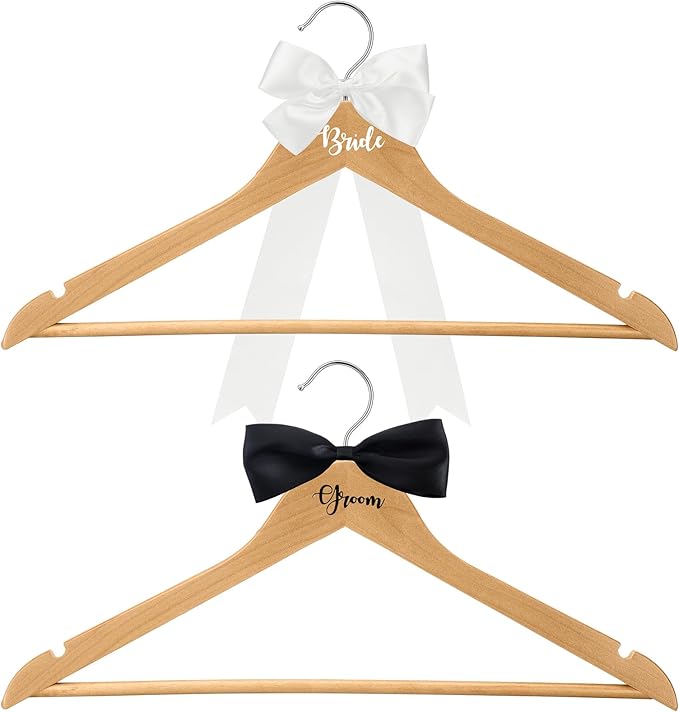 2 Pack Bride and Groom Wedding Hanger Set with Ribbon Bow Wooden Dress Suit Hanger Gift for Wedding Bridal Party Photo Decor(Wood Color,Classic)