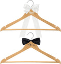 2 Pack Bride and Groom Wedding Hanger Set with Ribbon Bow Wooden Dress Suit Hanger Gift for Wedding Bridal Party Photo Decor(Wood Color,Classic)